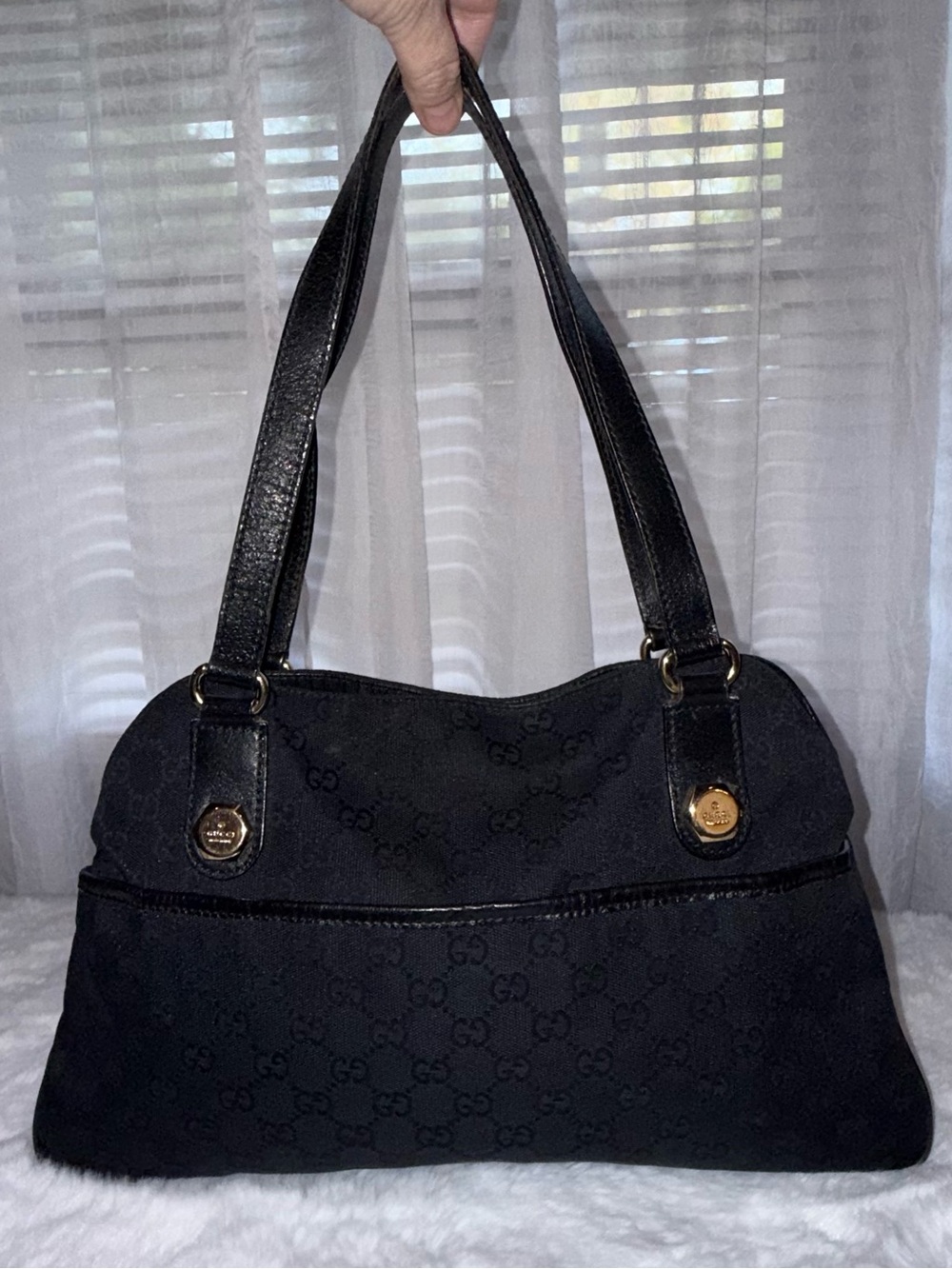 Gucci Black GG Monogram Canvas Charmy Shoulder Tote with Gold-Tone Accents
